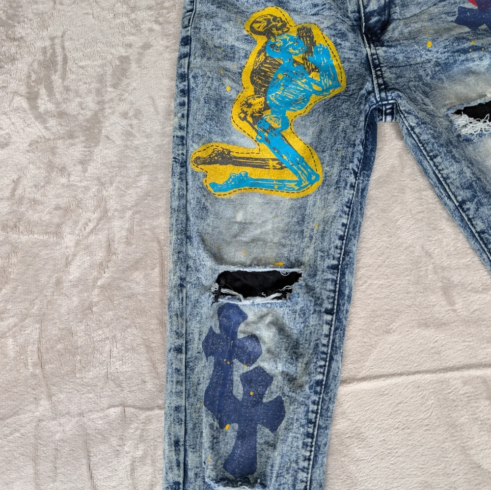 Womens Distressed Moto Skinny Jeans Streetwear Grunge Graffiti Acid Wash Sz 30 - Picture 2 of 13